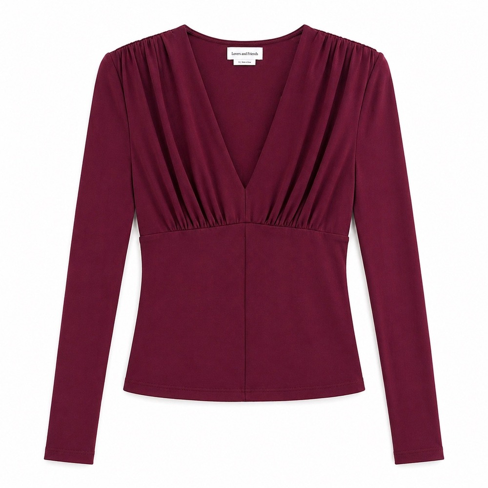 Lovers and Friends Top Womens Small Burgundy V-Neck Pleated Romantic Chic Blouse